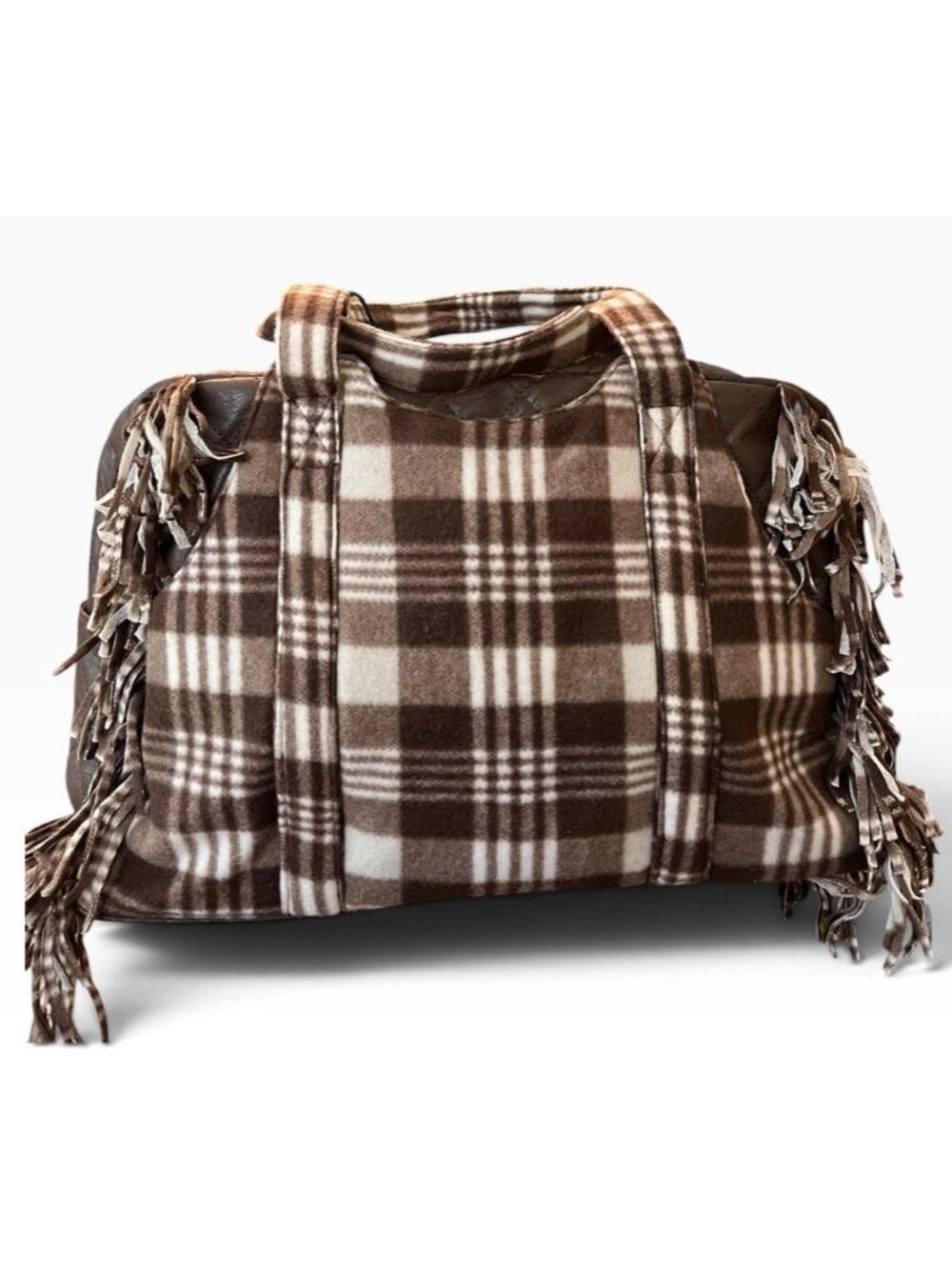 Brown Plaid Flannel Weekender Travel Tote Bag Shoulder Purse Fringe Duffel New